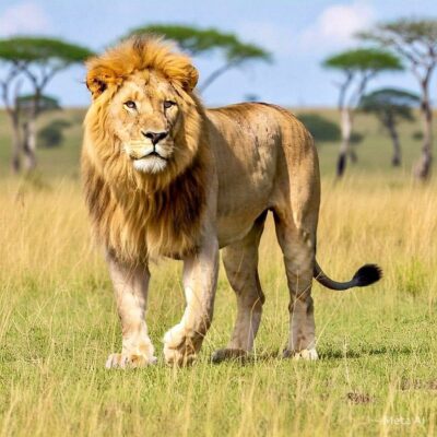 A powerful male lion with a thick, dark mane stands alert in the tall golden grass of the Maasai Mara savanna under a clear sky