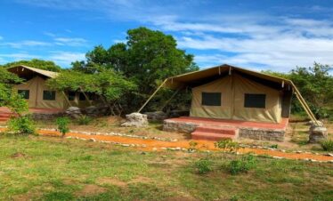 Classic canvas safari tents on raised stone platforms under a blue sky, offering budget-friendly accommodation for a 3-day Masai Mara group joining safari 2026