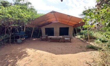 A luxury tented camp setup during a 3 Days in Samburu: An Unforgettable Family Safari Adventure, featuring a canvas tent and outdoor dining area