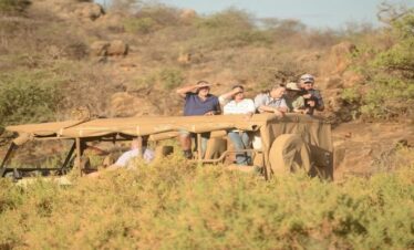 A family on a 4-day Samburu safari viewing a reticulated giraffe from a private 4x4 vehicle